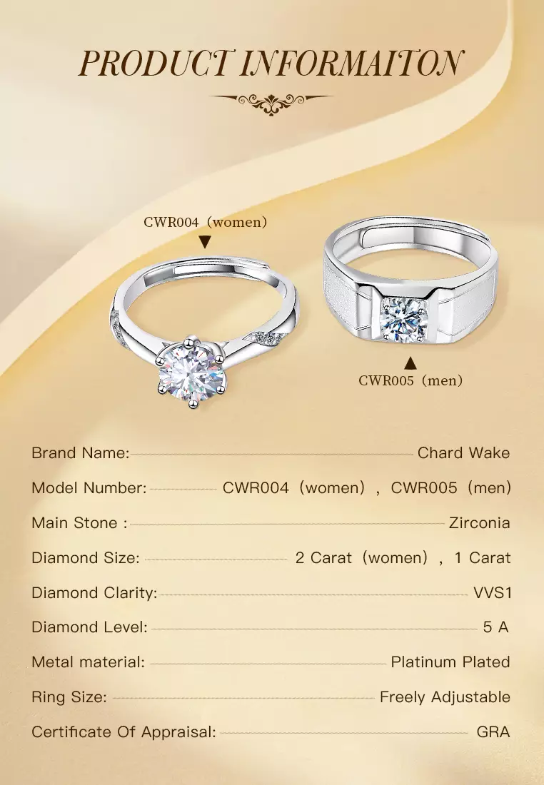 Cincin Wanita Berlian Berlapis Platinum Anti Pudar Ukuran Bebas Pria Wanita Tunangan Cincin Couple