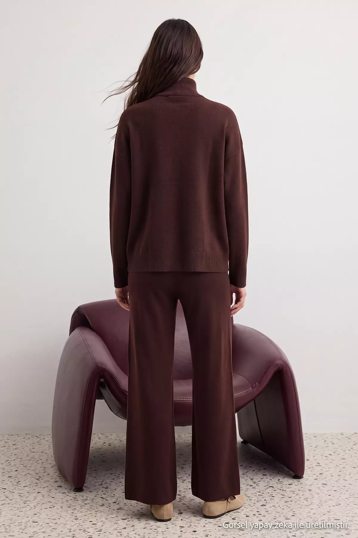 Brown Accessory Detailed 3-Piece Cardigan-Blouse-Pants Knitwear Set