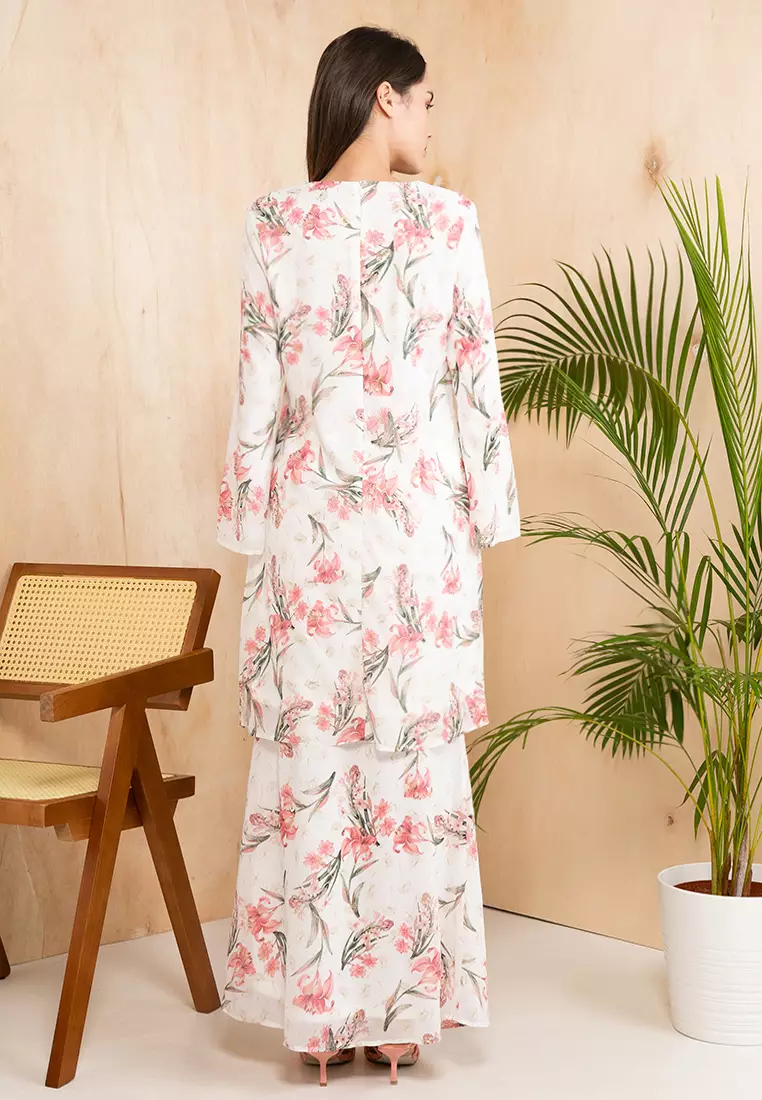 Luxe Gold Foiled Floral Baju Kurung Moden Chiffon in White