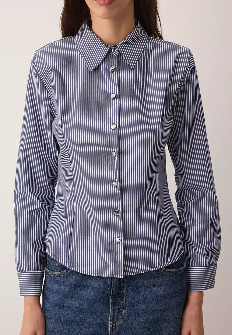 Navy Blue-White Striped Silver Button Detailed Waist-Sit Shirt Twoaw26Go00064
