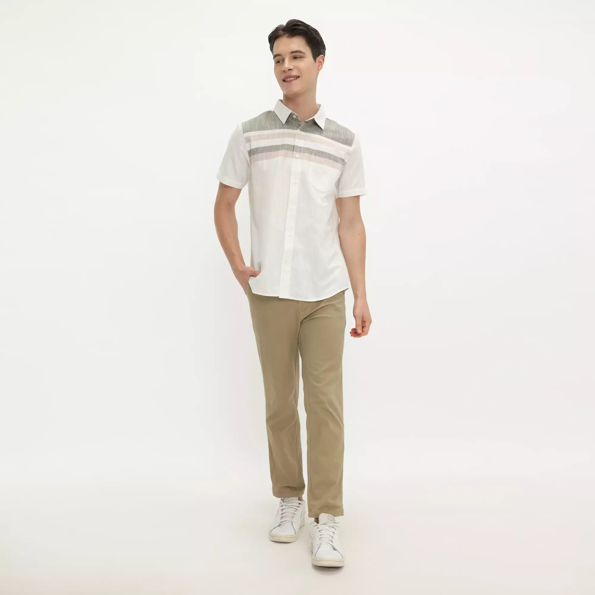 Platini Kemeja Motif Salur Pria Lengan Pendek Katun White 73489