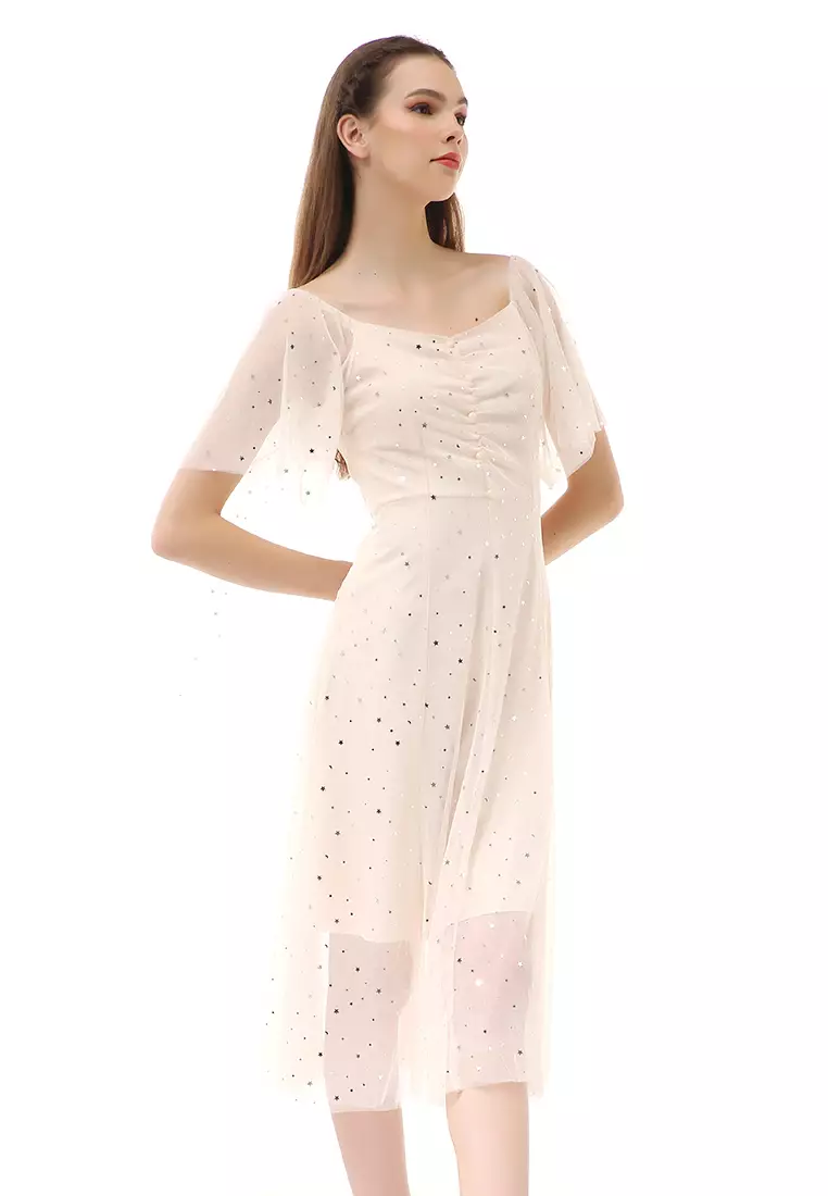 Rachel Dress Fashion Wanita Lengan Pendek Stylish Design Material Brukat ORIGINAL - Cream