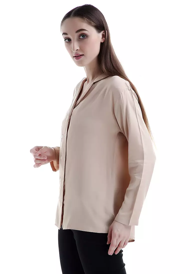 Arabelle Kemeja Kasual Motif Solid Long Sleeve Shirt Woman - Cream