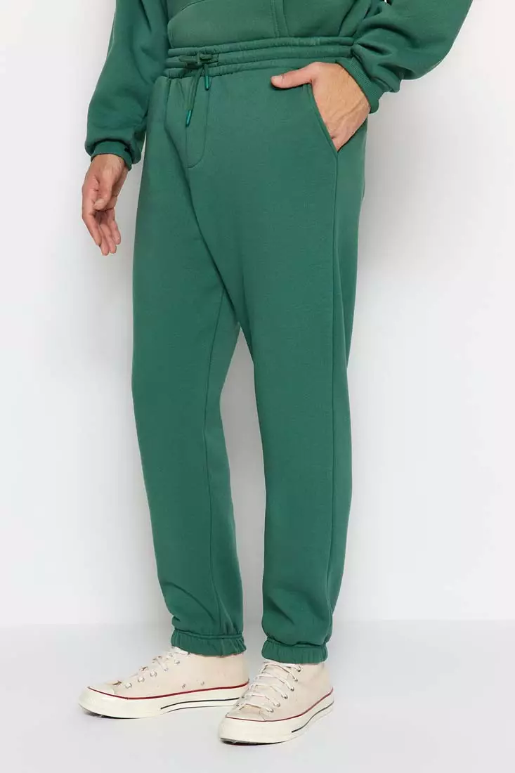 Green Men's Oversize Basic Hooded with Elastic Legs, Basic Inside, Soft Pile Cotton Tracksuit Set.