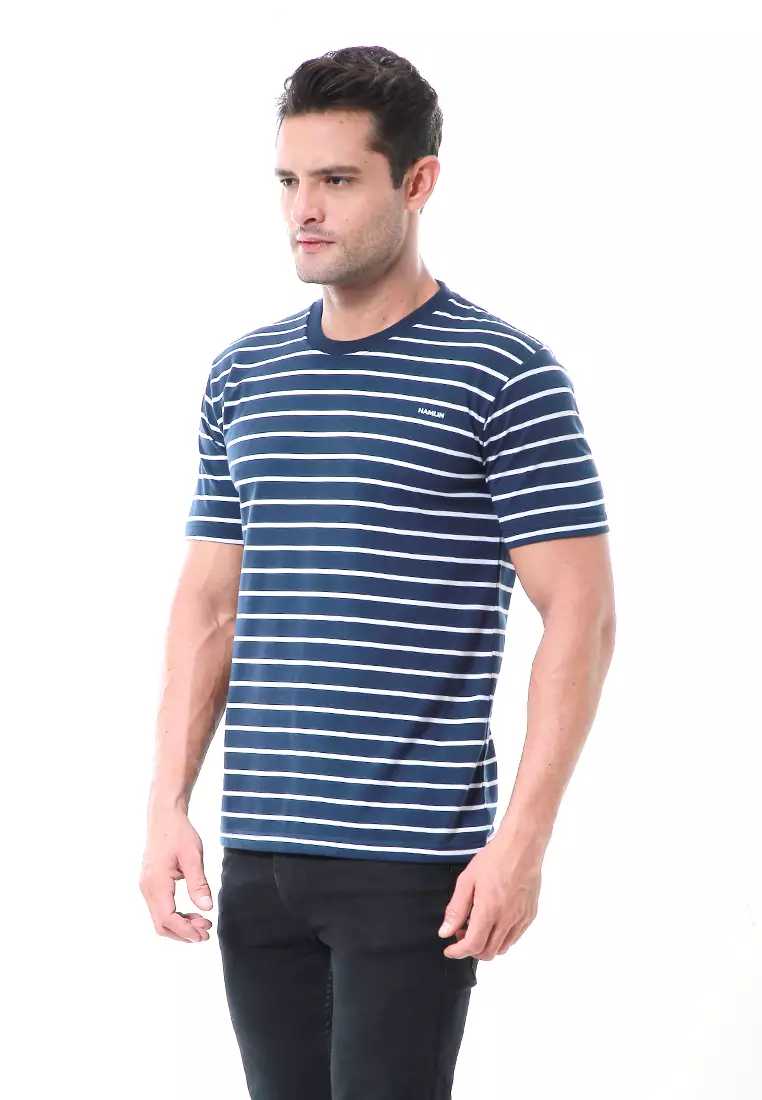 Aisley Kaos Pria Lengan Pendek Sweatshirt Kasual Stripe Motive Material Cotton ORIGINAL - Navy