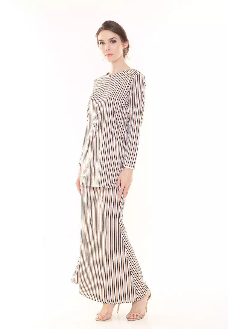 Rina Stripe Printed Kurung Brown White
