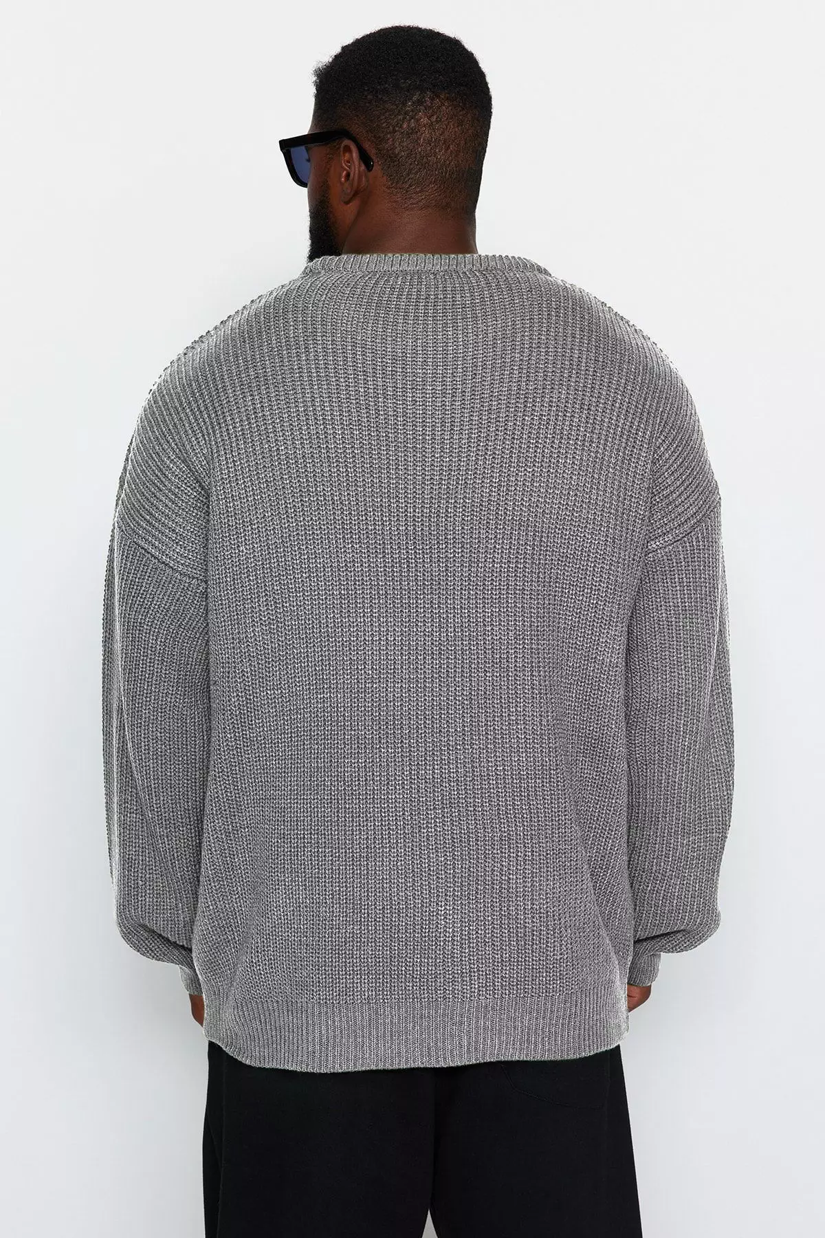 Men's Oversize Gray Knitwear Sweater - Crew Neck, Plus Size Tmnaw24An00001