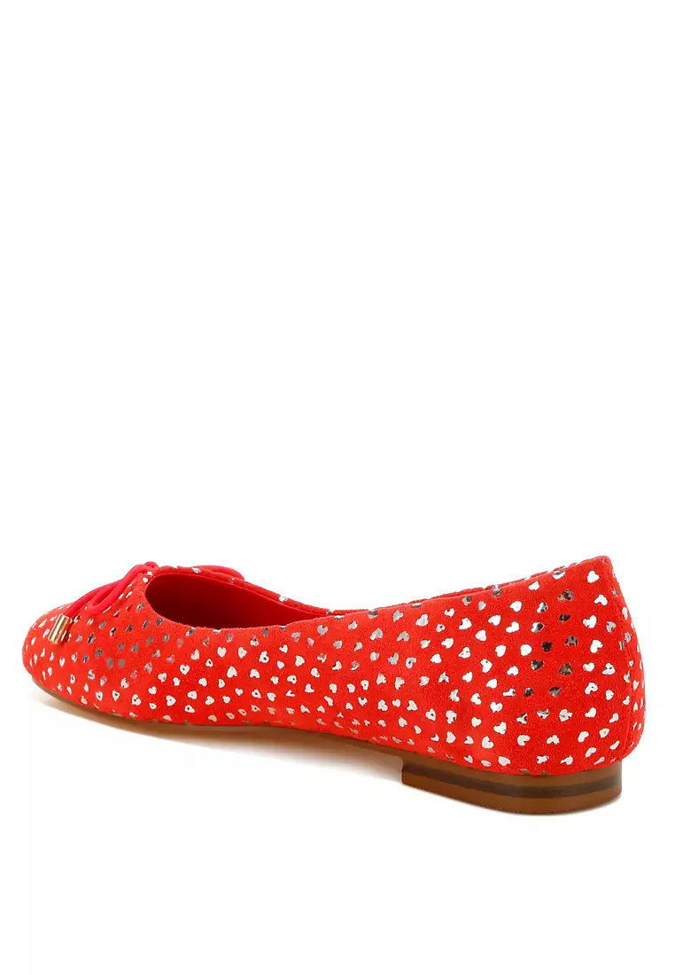 Bow Detail Embossed Suede Ballerinas Red