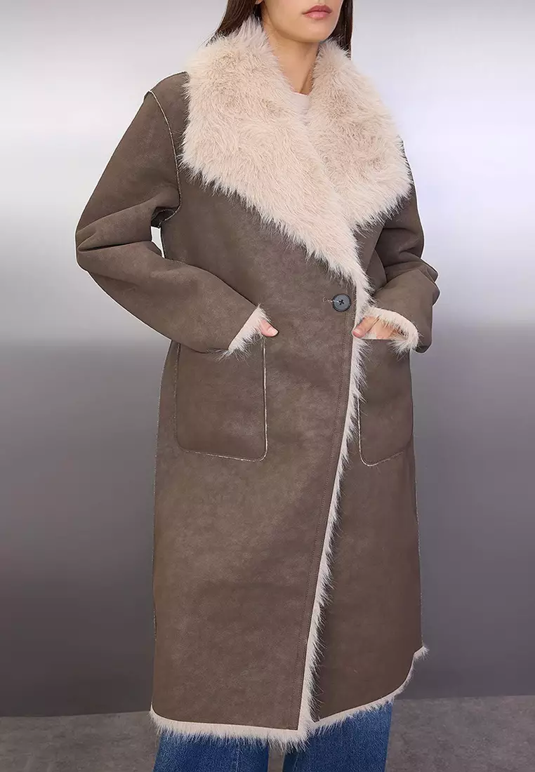 Mink-Ecru Double-Sided Fur Mono Closure Oversize Long Suede Coat