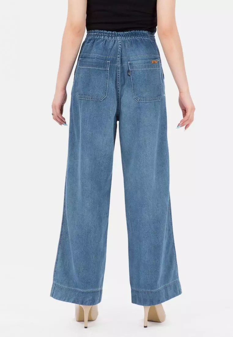 Elastic Waist Culotte Jeans in Blue