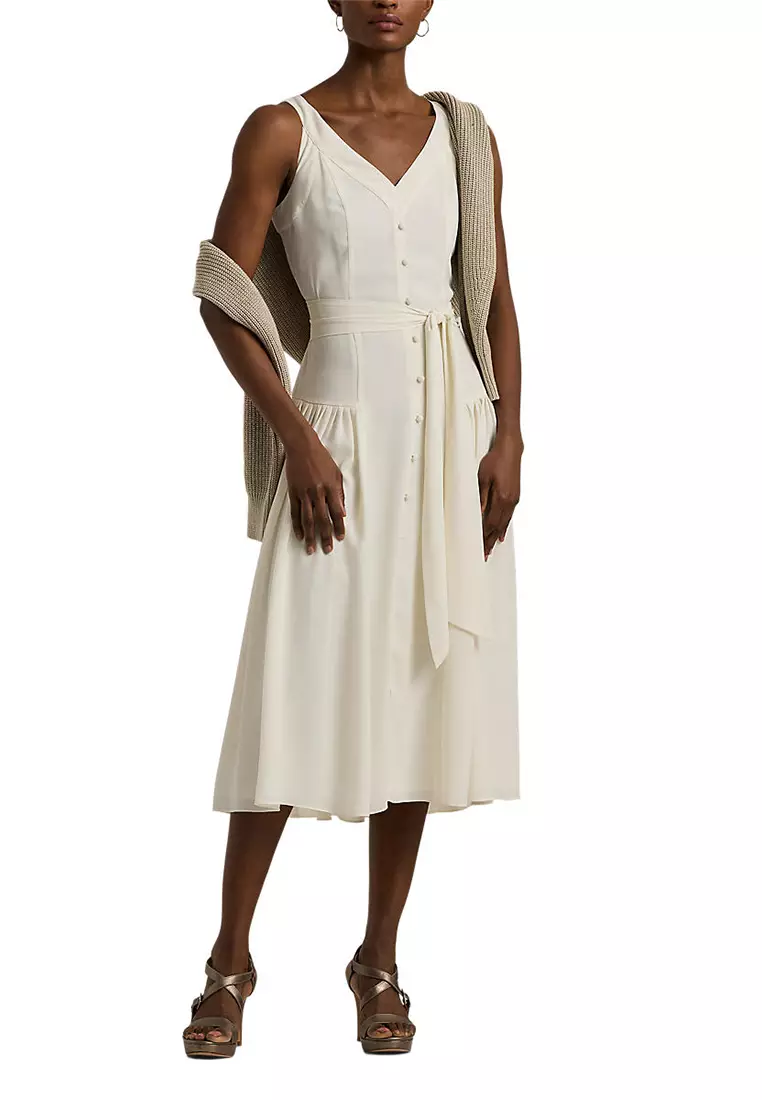 Lauren Ralph Lauren Belted Georgette Sleeveless Dress