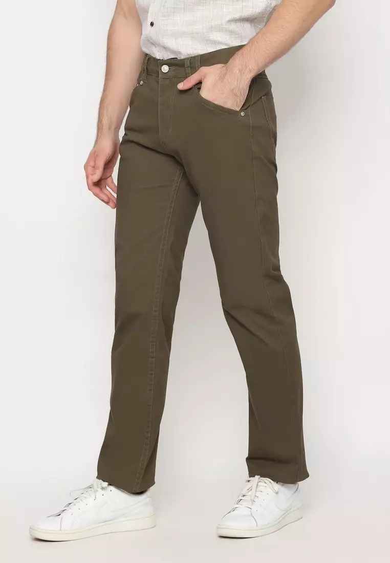 POLICE Celana Chino Panjang V Pocket Olive Regular Fit Cotton Premium Pria