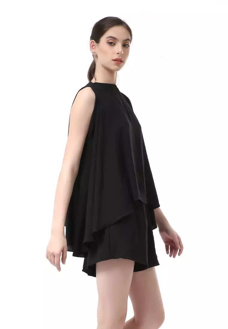 Nayra One Set Setelan Wanita Sleeveless Blouse with Short Pants Plain Motive Material Crepe Crinkle ORIGINAL - Black