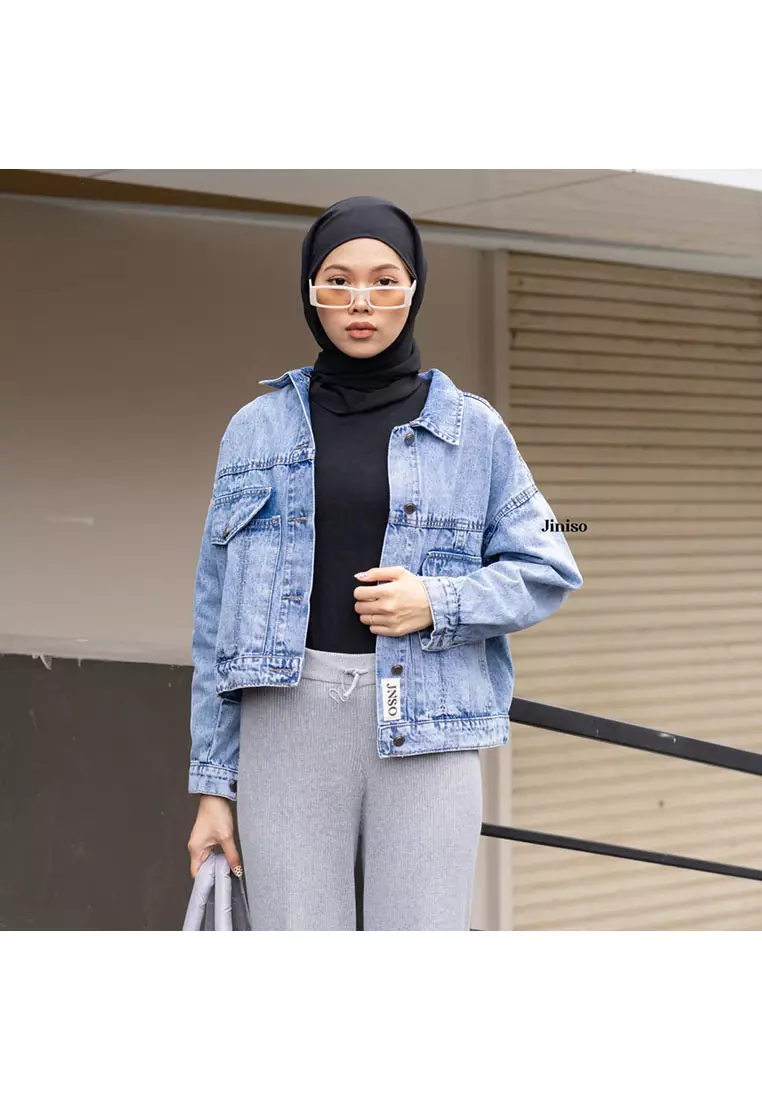 Jaket Crop Jeans Oversize Vintage Pocket Blue Acid