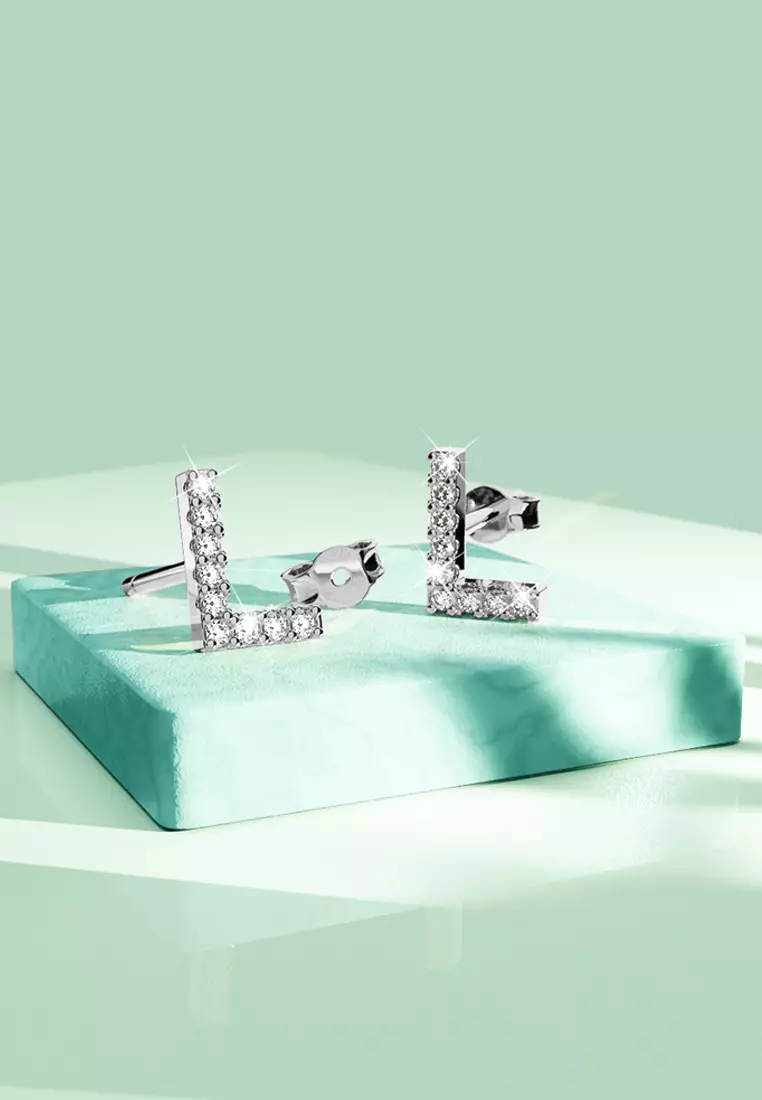 Solid 925 Sterling Silver Glamour Alphabet Letter Earrings  - L