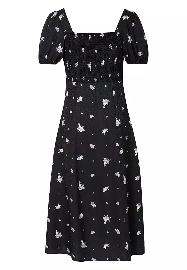 Puff Sleeve Square Neck A-Line Floral Midi Dress