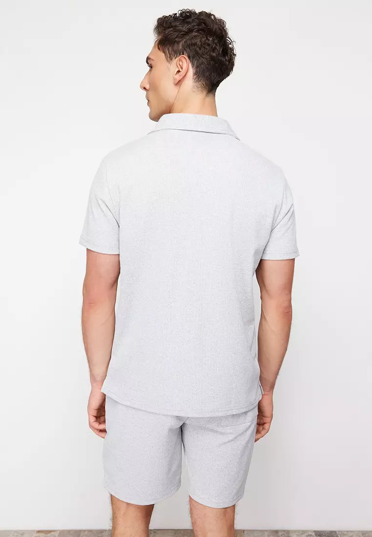 Gray Regular/Normal Cut Textured Fabric Labeled Polo Collar Tracksuit Set TMNSS23EM00003