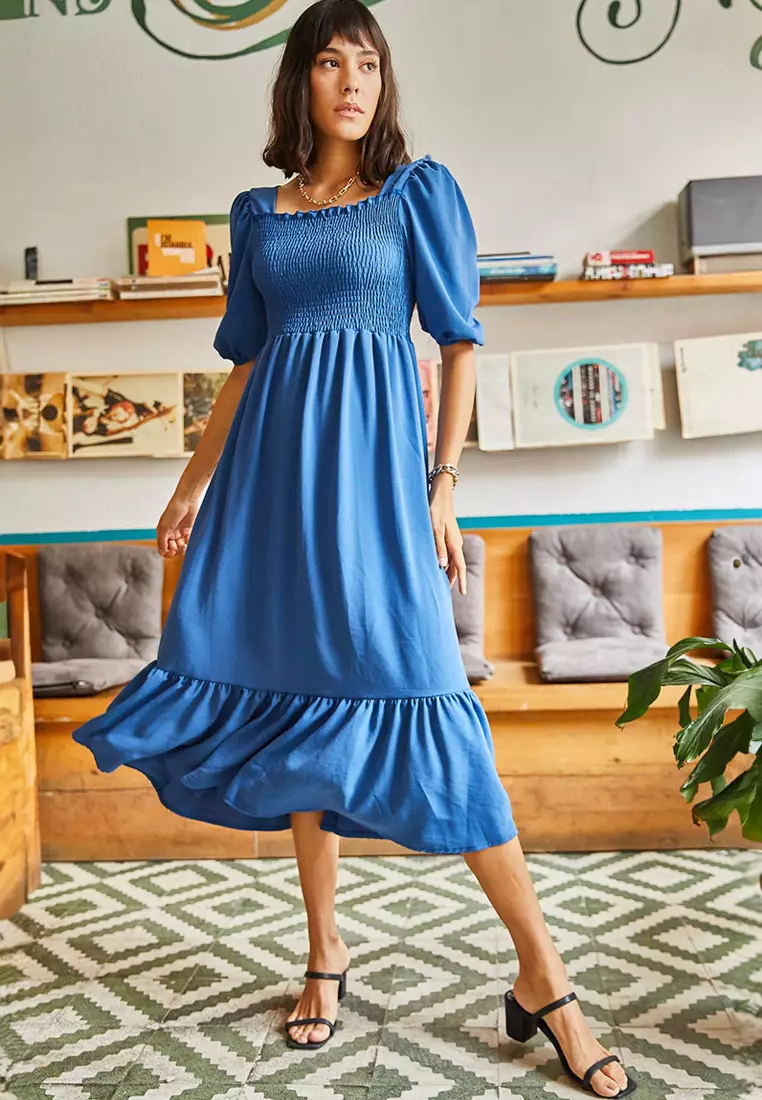 Square Neck Shirring Dress
