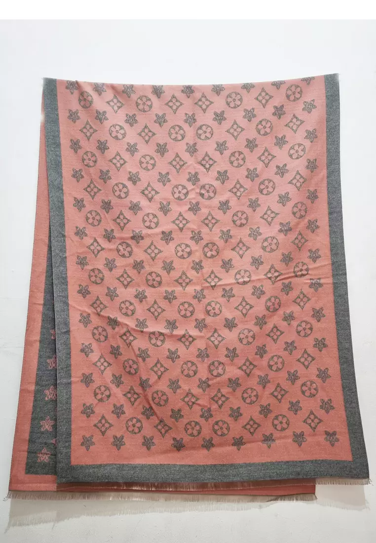 Syal Wanita Reversible Monochrome Pattern Soft Cashmere & Viscose Pashmina Shawl Peachy Pink & Grey