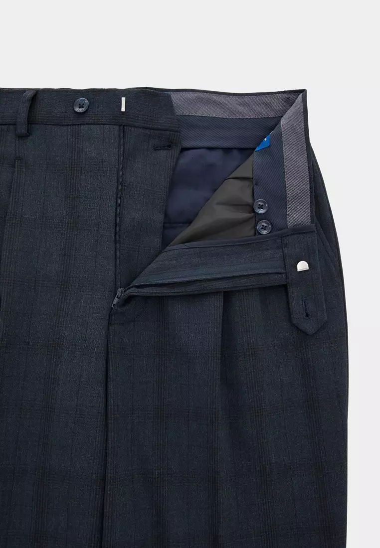 經典款海軍藍格紋寬鬆西裝褲