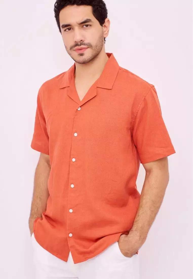 Ruby Kemeja Linen Lengan Pendek Pria Terracotta | Linen Short Sleeve Shirt Men Terracotta