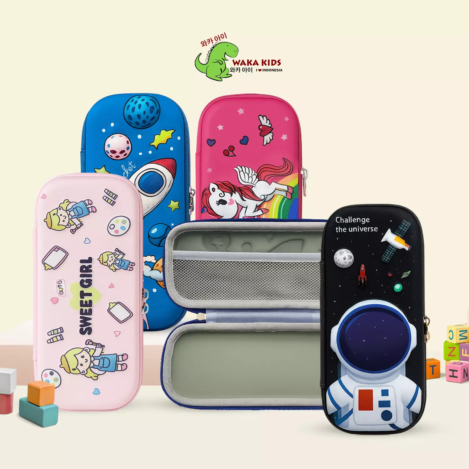 Wakakids Tempat Pensil Anak 3D Motif Timbul Karakter Kotak Pensil Hardcase Kecil Slim Motif Sweet Girl Venhs