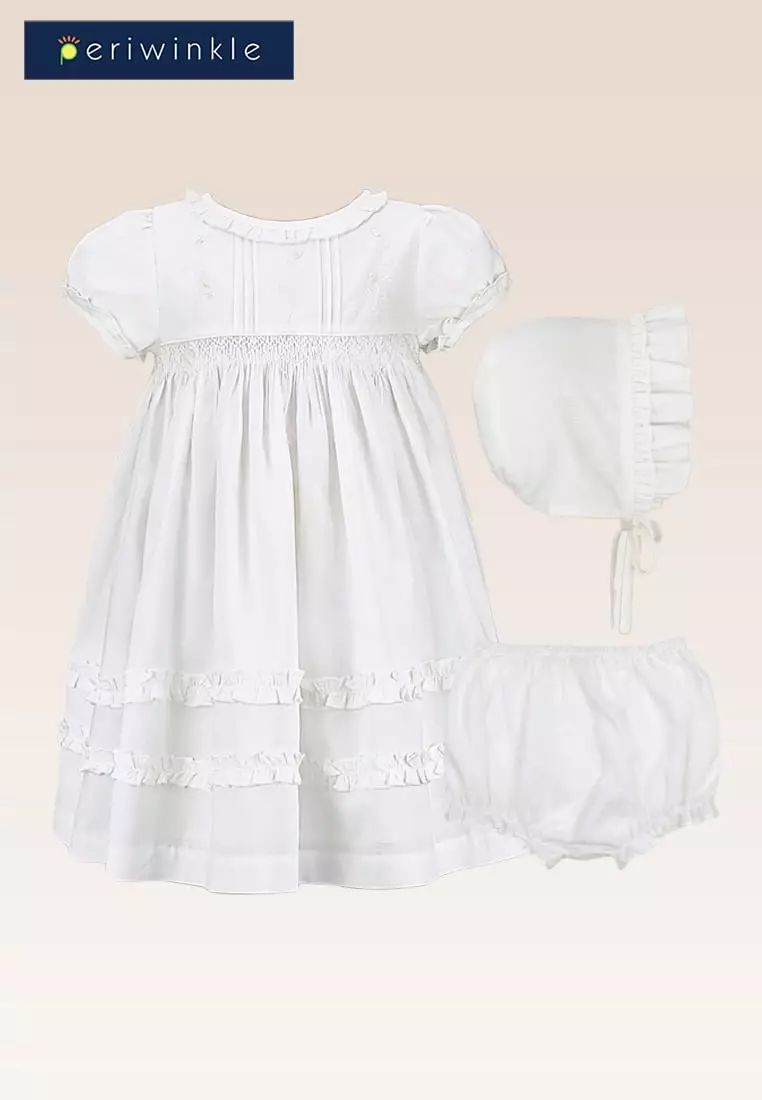 Lois Christening Dress with Embroidery and Smock Details 3-piece set with Cap and Diaper Cover