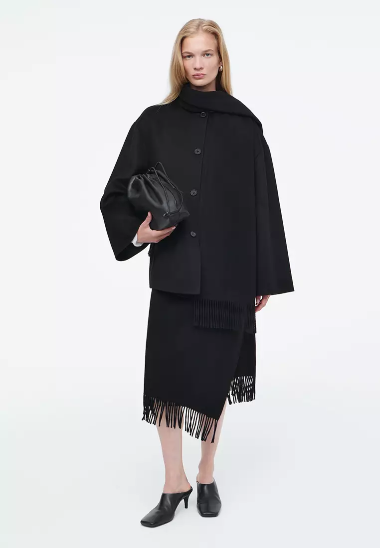 Fringed Wool Midi Wrap Skirt