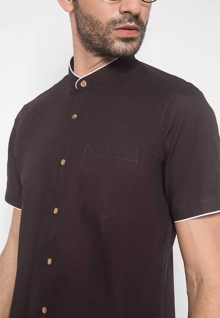 Johnwin - Slim Fit - Kemeja Formal - Model Kerah Shanghai - Warna Coklat