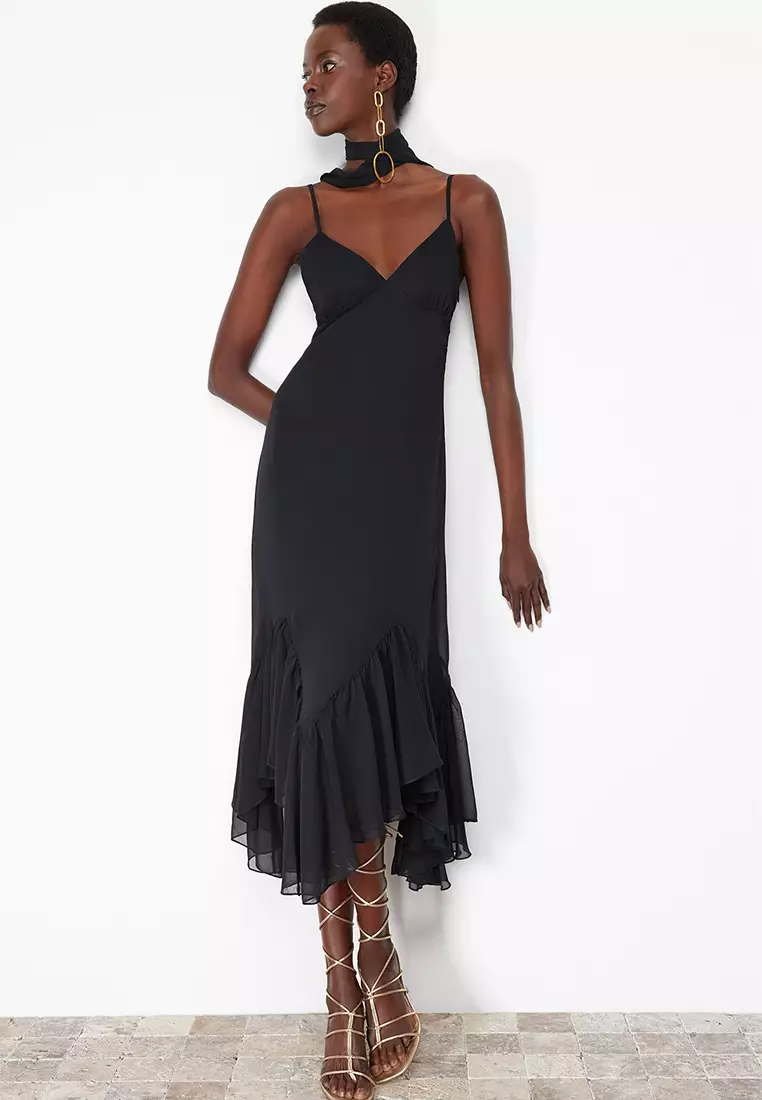 High neck ruffle midi dress cheap