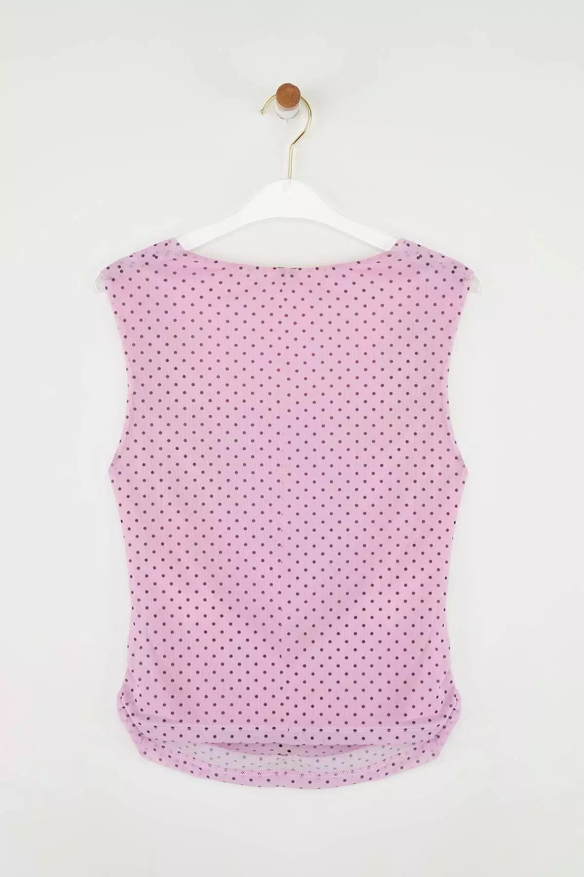 Pink Polka Dot Lined Printed Tulle Bodycon Crop Bow Detail Knitted Blouse