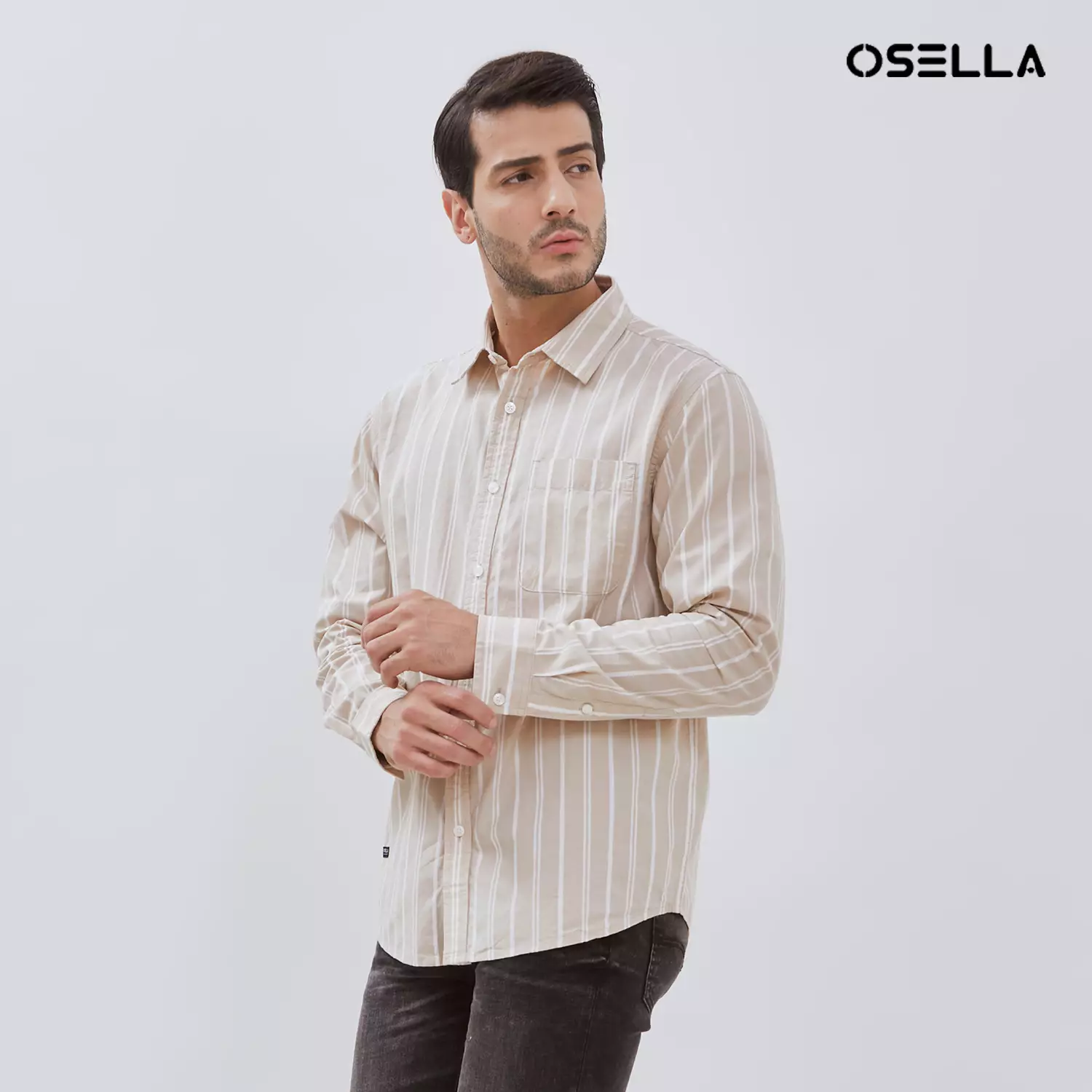 Osella Striped Pattern Regular Fit Collared Shirt In Light Beige And White 2037501238 | Kemeja Pria Lengan Panjang