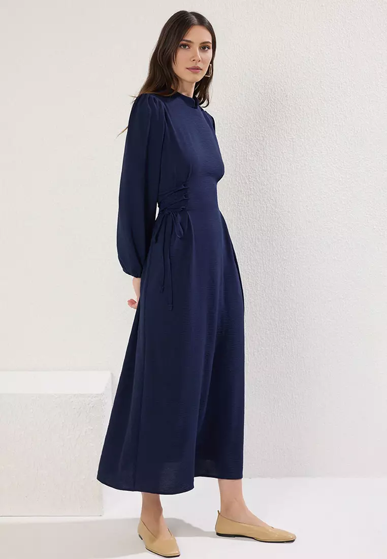 Navy Blue Judge Collar Waist Brit Aerobin Woven Dress Tctss25Eb00082