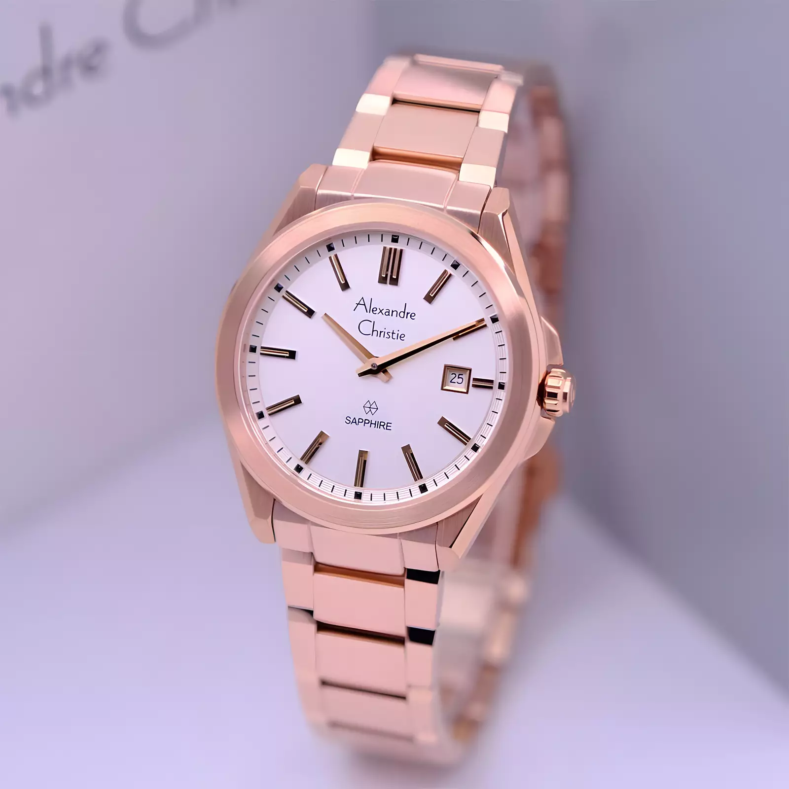 Alexandre Christie Sapphire Glass - Jam Tangan Analog Wanita - Rosegold White - Stainless Steel - 8705 LDBRGSL