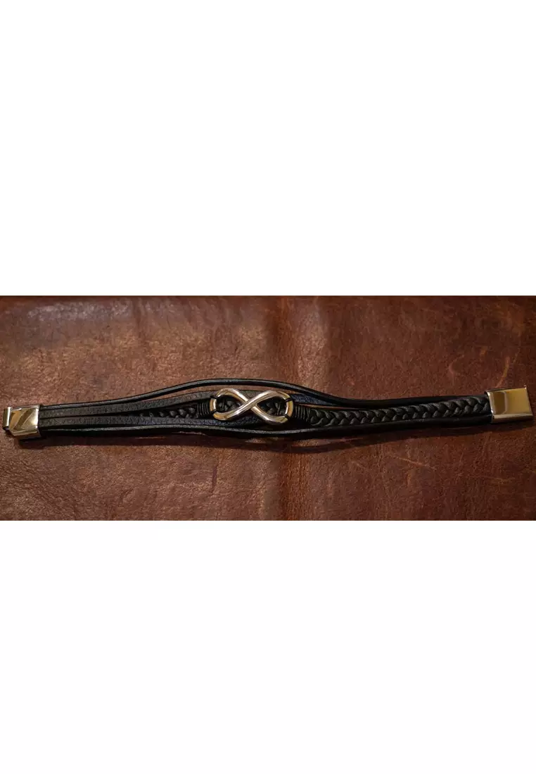 Akesoris Gelang Pria Infinity Classic Charm  Leather Bracelet Black & Silver