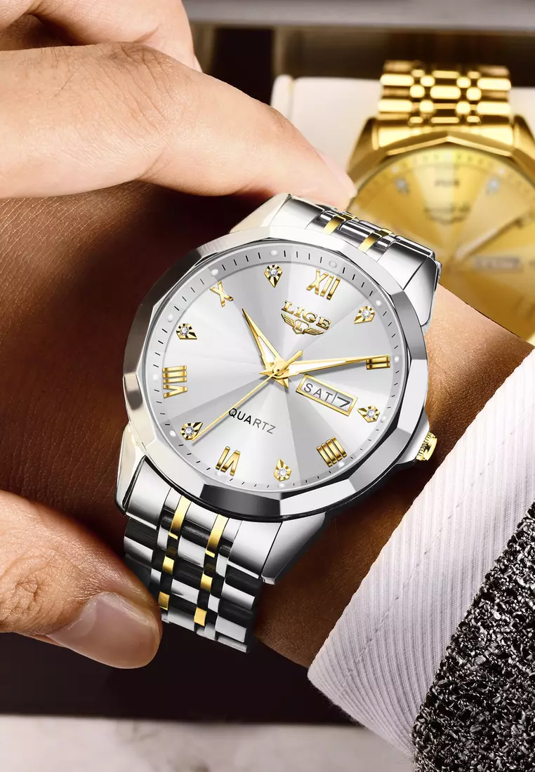 Unisex Stainless Steel Quartz Watch, Grey Dial, Day/Date, Stainless Steel Bracelet