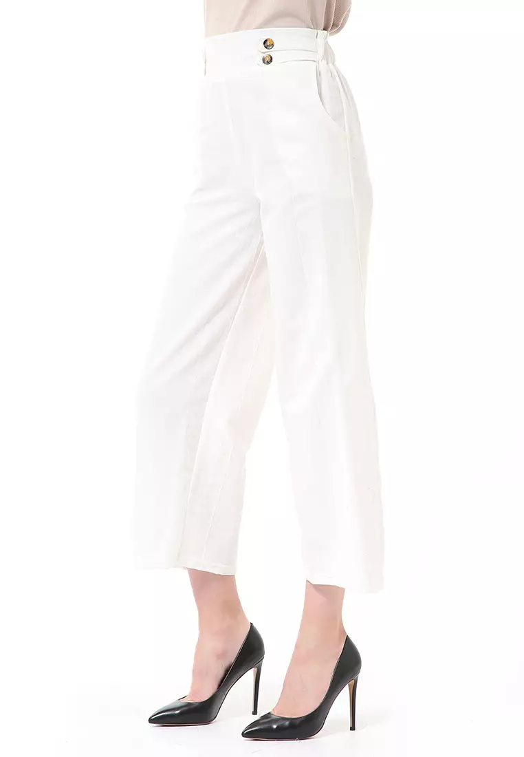 Stella Casual Long Pants Wanita Celana Kulot Highwaist Double Botton Material Linen ORIGINAL - Broken White