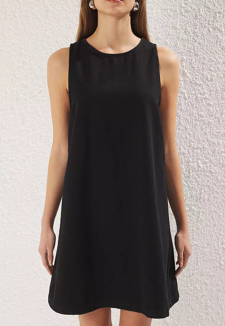 Black Flounce Oversize Mini Denim Dress