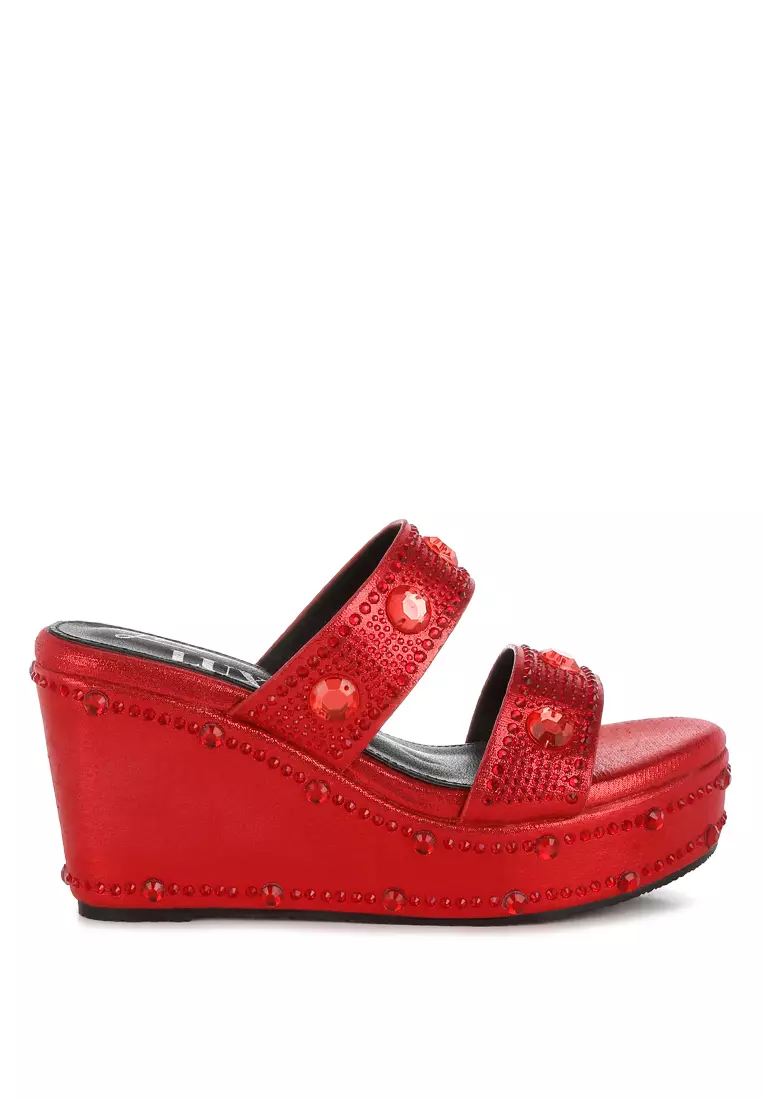 Discount on London Rag  shoes - SKU: Rhinestone & Diamante Wedge Sandals in Red