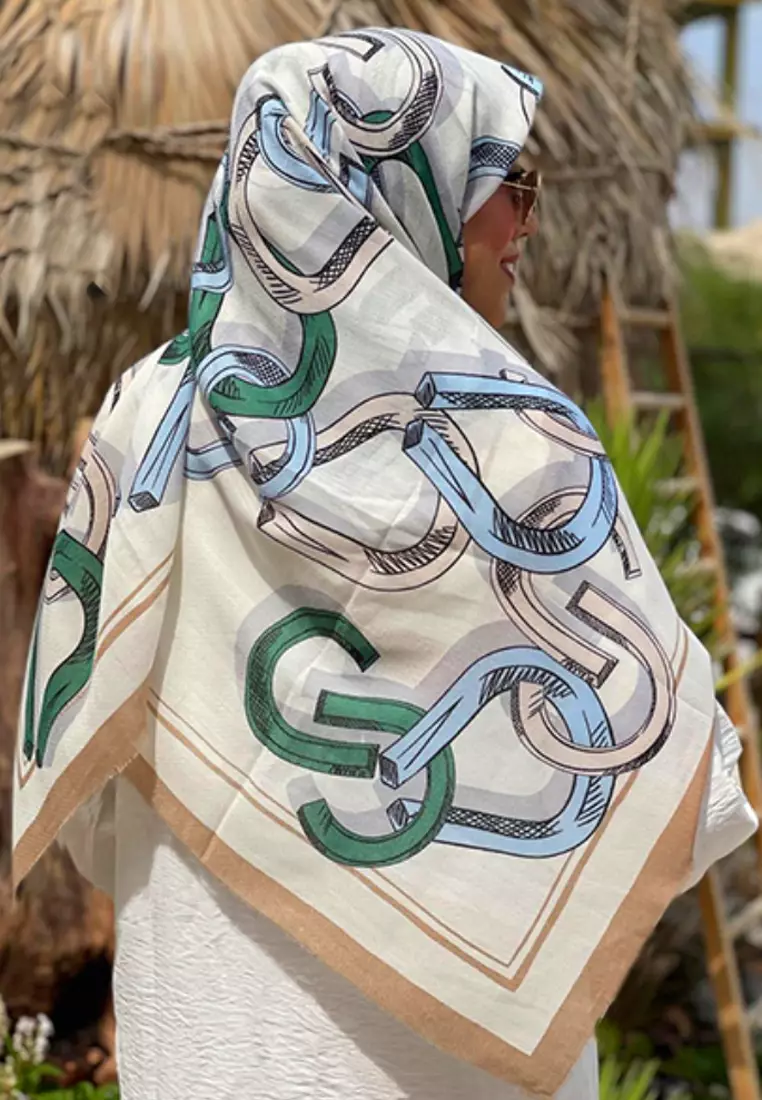 Women's Accessories Horseshoe Magnet Print Viscose Shawl Syal Wanita Beige & Multi