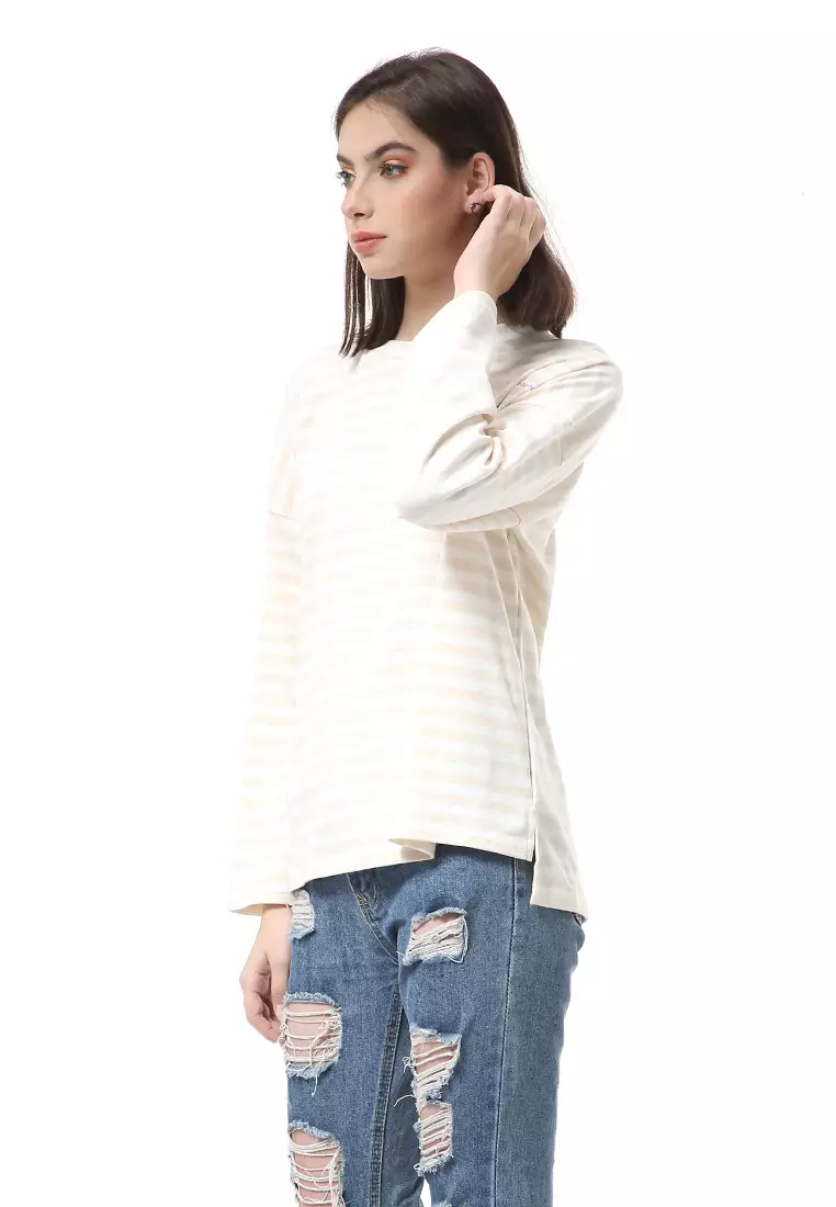 Albertine Blouse Atasan Wanita Lengan Panjang Stripes Motive Material Cotton ORIGINAL - Pink