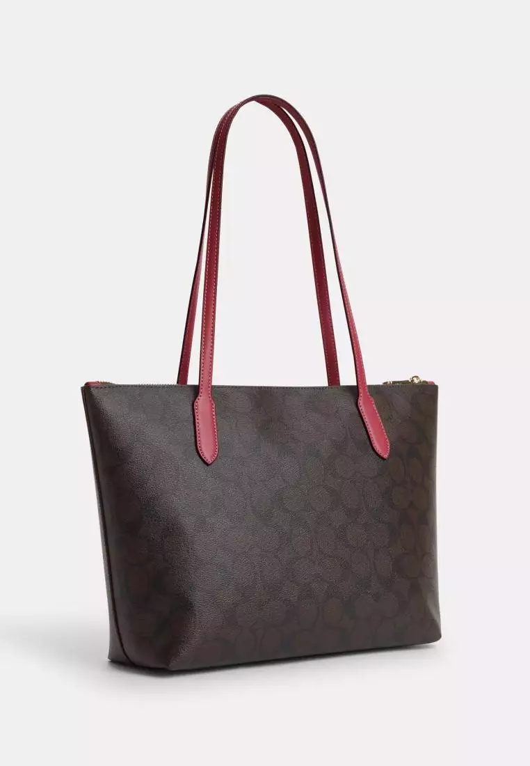 Jual Coach Coach Zip Top Tote In Signature Canvas With Horse And Sleigh Brown Rouge Original