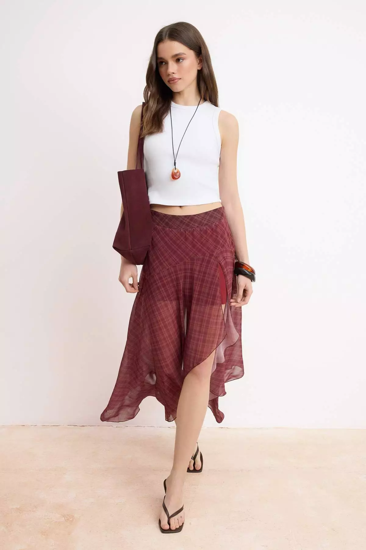 Burgundy Chiffon Plaid Asymmetrical Mini Skirt Twoss26Et161