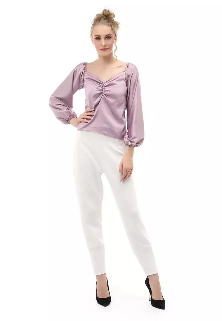 Cheva Blouse Casual Wanita Sabrina Kerut Dada Lengan Panjang Material Satin ORIGINAL - Lilac