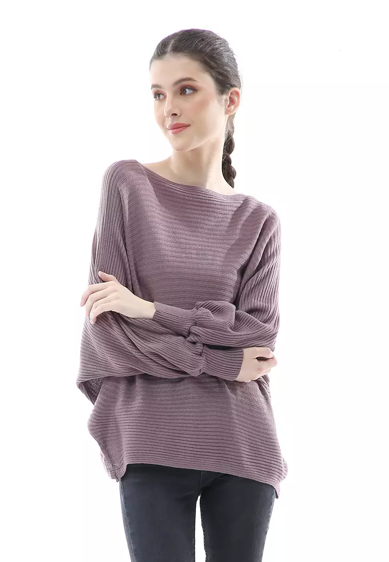 Eveline Sweater Rajut Batwing Atasan Wanita Motif Polos High Quality - Burgundy