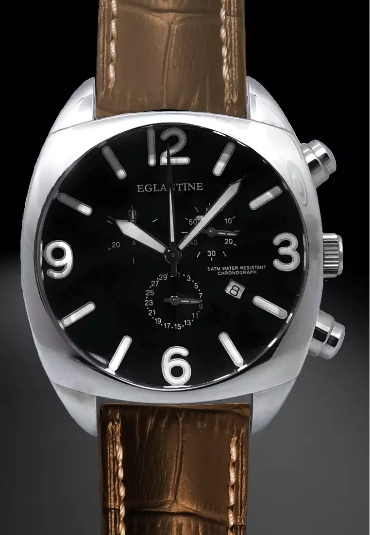 XXL Big Bubble Men's Chronograph Stainless Steel Quartz Watch, 47x45mm, Black Dial, Brown Leather Strap