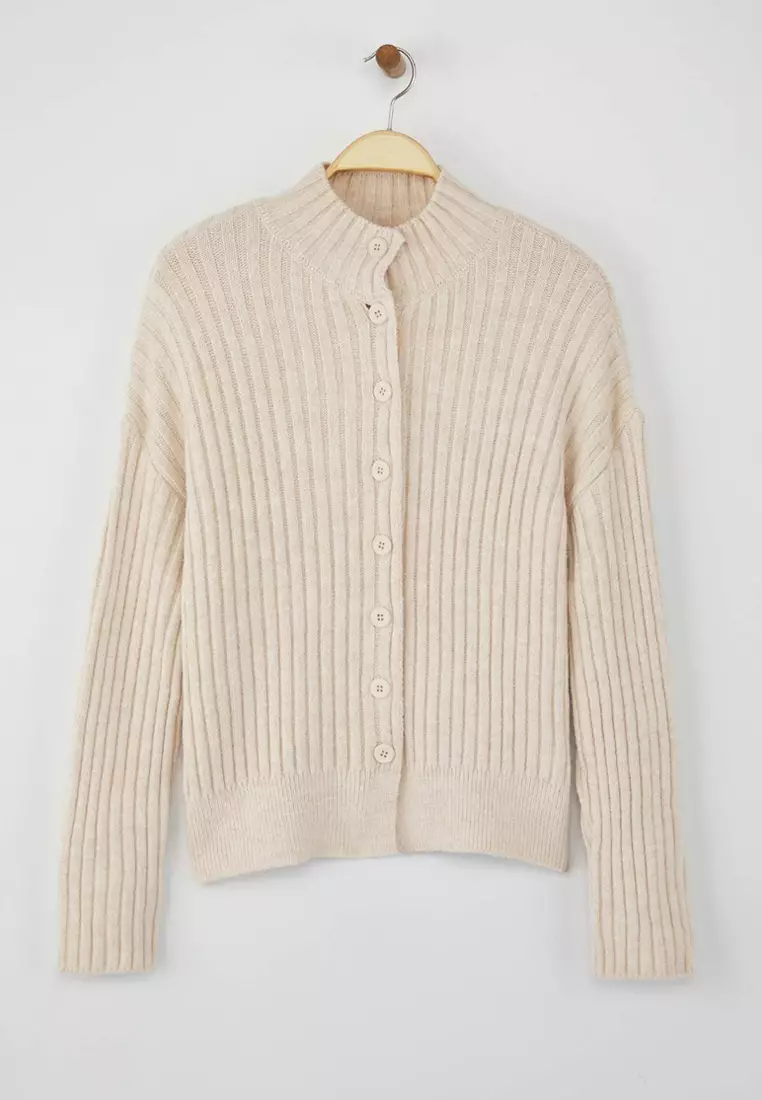 Wardrobe Essentials Stone Stand Collar Wide Fit Ribbed Soft Textured Knit Cardigan | Twoaw26Hi00091
