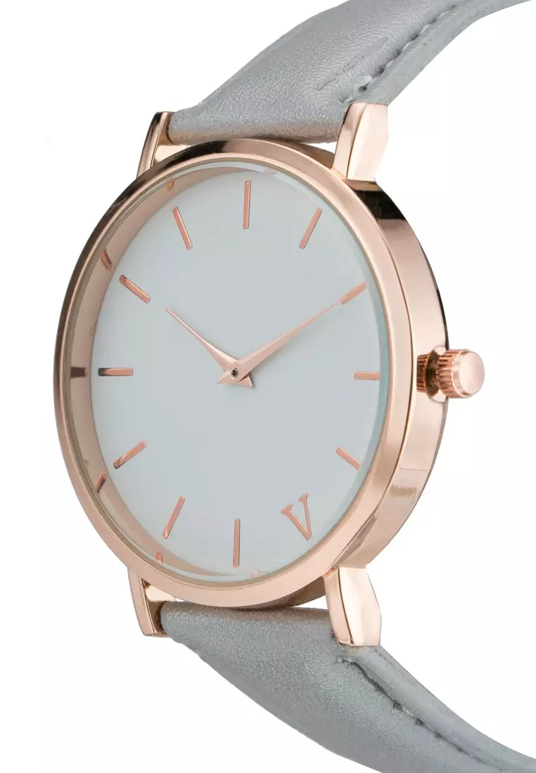 Round Face Gold White Grey Strap Watch