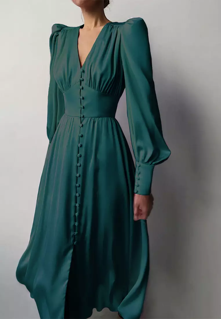 气质缎面灯笼袖收腰设计感连衣裙A121822DGGR