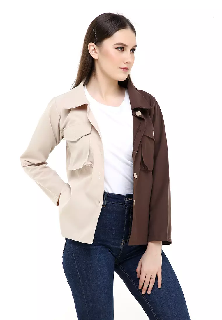 Hardwin Jacket Wanita Two Tone Casual Longsleeve Material Canvas ORIGINAL - Mocca